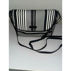 Vera Bradley Midnight Stripe Flap Crossbody Bag Black White Gray Faux Leather